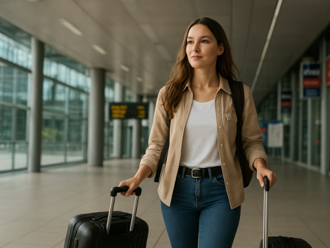 Kobieta z walizkami idąca przez nowoczesny terminal lotniska.