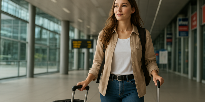 Kobieta z walizkami idąca przez nowoczesny terminal lotniska.