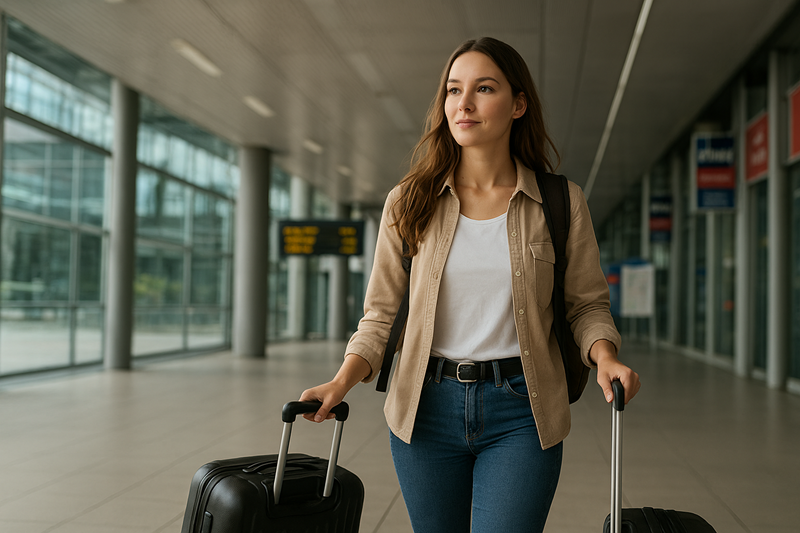 Kobieta z walizkami idąca przez nowoczesny terminal lotniska.