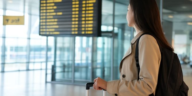 Kobieta z walizką i plecakiem stoi w nowoczesnym terminalu lotniczym, patrząc na duży ekran z odlotami, w jasnym i przestronnym wnętrzu lotniska.