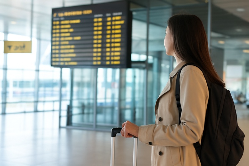 Kobieta z walizką i plecakiem stoi w nowoczesnym terminalu lotniczym, patrząc na duży ekran z odlotami, w jasnym i przestronnym wnętrzu lotniska.