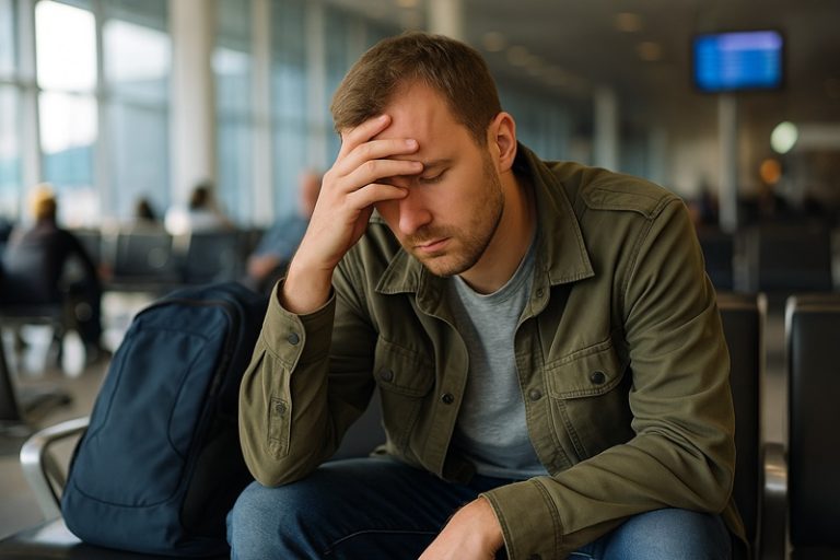 Zestresowany podróżnik na lotnisku po kryzysowej sytuacji za granicą