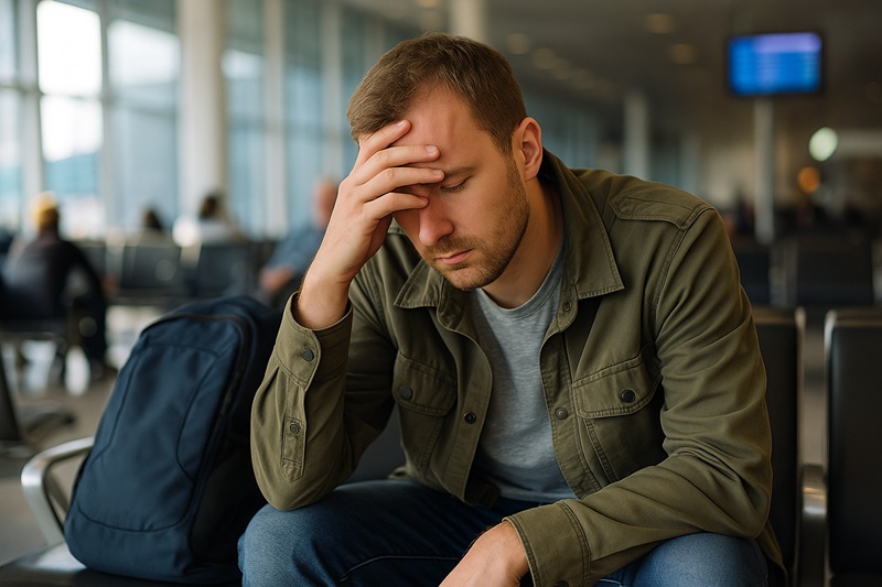 Zestresowany podróżnik na lotnisku po kryzysowej sytuacji za granicą