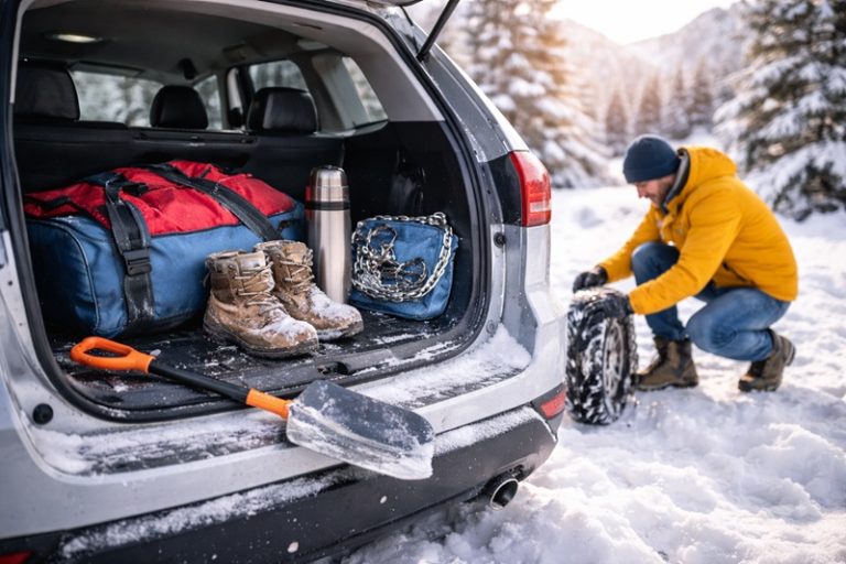 Przygotowanie samochodu do zimowej podróży w góry – auto z otwartym bagażnikiem, łańcuchy śniegowe, sprzęt zimowy i kierowca zakładający łańcuchy na oponę w górskim krajobrazie