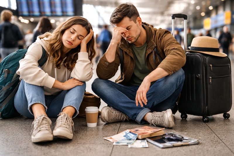 Zmęczona para podróżników siedząca na podłodze lotniska obok walizek, z kawą i rozłożonymi banknotami, pokazująca emocjonalne i finansowe koszty taniego podróżowania