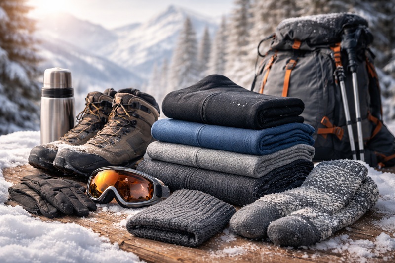 odzież termiczna w podróży – zimowy zestaw podróżny z bielizną termiczną, butami trekkingowymi i plecakiem w górskim krajobrazie