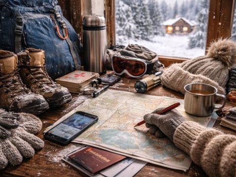 Planowanie bezpiecznej zimowej podróży przy stole z mapą, plecakiem, ciepłą odzieżą i akcesoriami turystycznymi w górskim otoczeniu