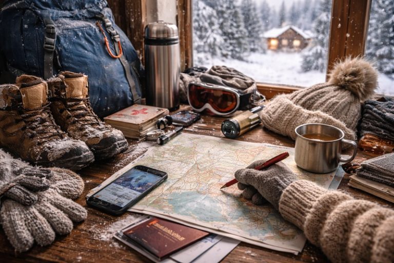 Planowanie bezpiecznej zimowej podróży przy stole z mapą, plecakiem, ciepłą odzieżą i akcesoriami turystycznymi w górskim otoczeniu