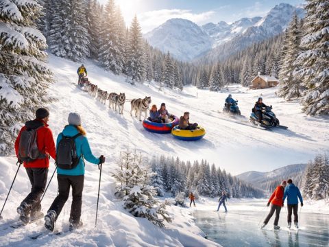 Rodziny i turyści korzystający z zimowych atrakcji bez stoków – rakiety śnieżne, psie zaprzęgi, snowtubing i spacery w ośnieżonych górach