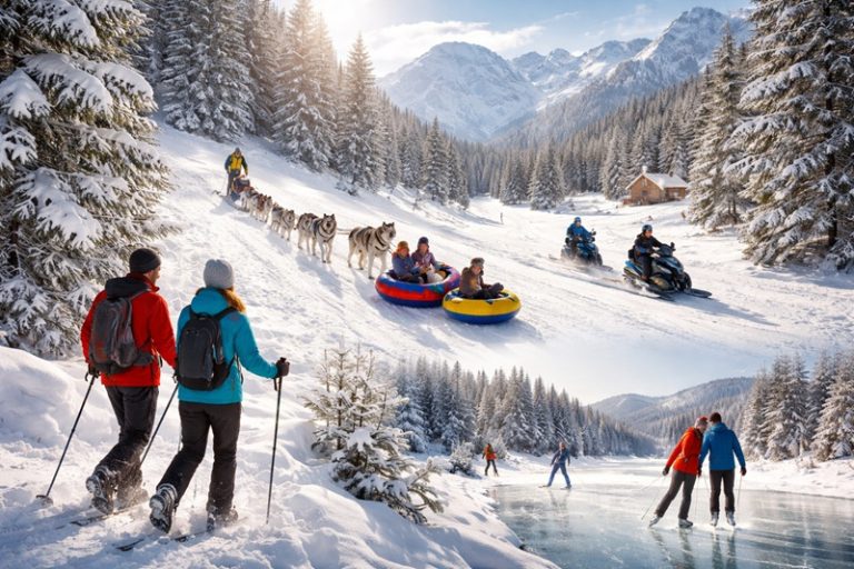 Rodziny i turyści korzystający z zimowych atrakcji bez stoków – rakiety śnieżne, psie zaprzęgi, snowtubing i spacery w ośnieżonych górach