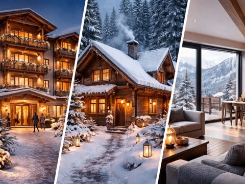 nocleg na zimowy wyjazd – zimowy hotel, pensjonat i apartament w górskiej scenerii, oświetlone wnętrza i śnieg za oknem