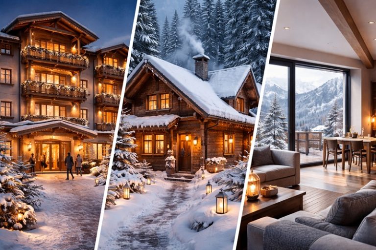 nocleg na zimowy wyjazd – zimowy hotel, pensjonat i apartament w górskiej scenerii, oświetlone wnętrza i śnieg za oknem