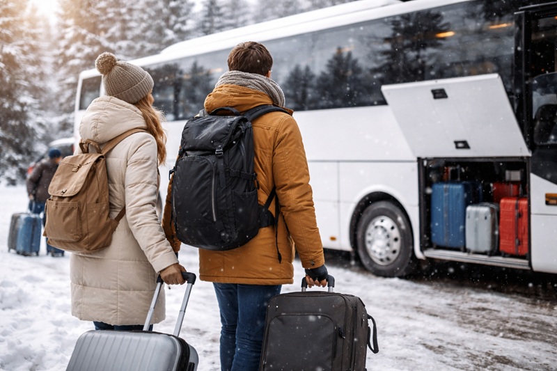 zimowe wyjazdy autokarowe podczas wsiadania pasażerów do autokaru w śnieżnych warunkach