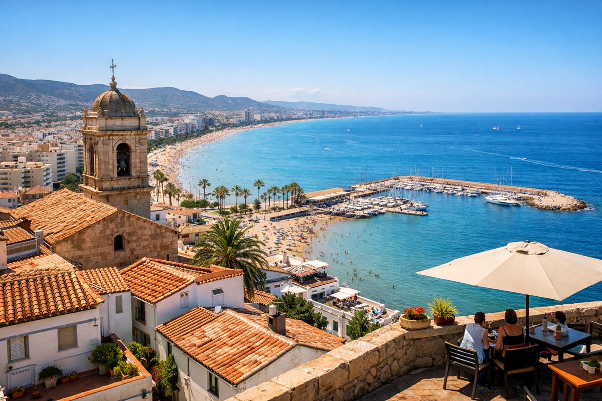 Nadmorskie miasteczko w Hiszpanii z plażą, turkusową wodą i zabudową mieszkalną na wzgórzu