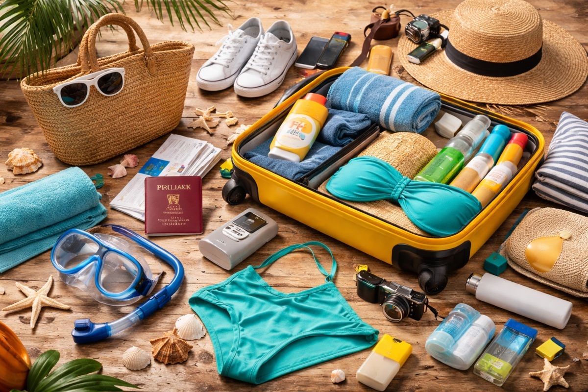 Spakowana walizka i akcesoria na wakacje w ciepłym kraju przygotowane do wyjazdu