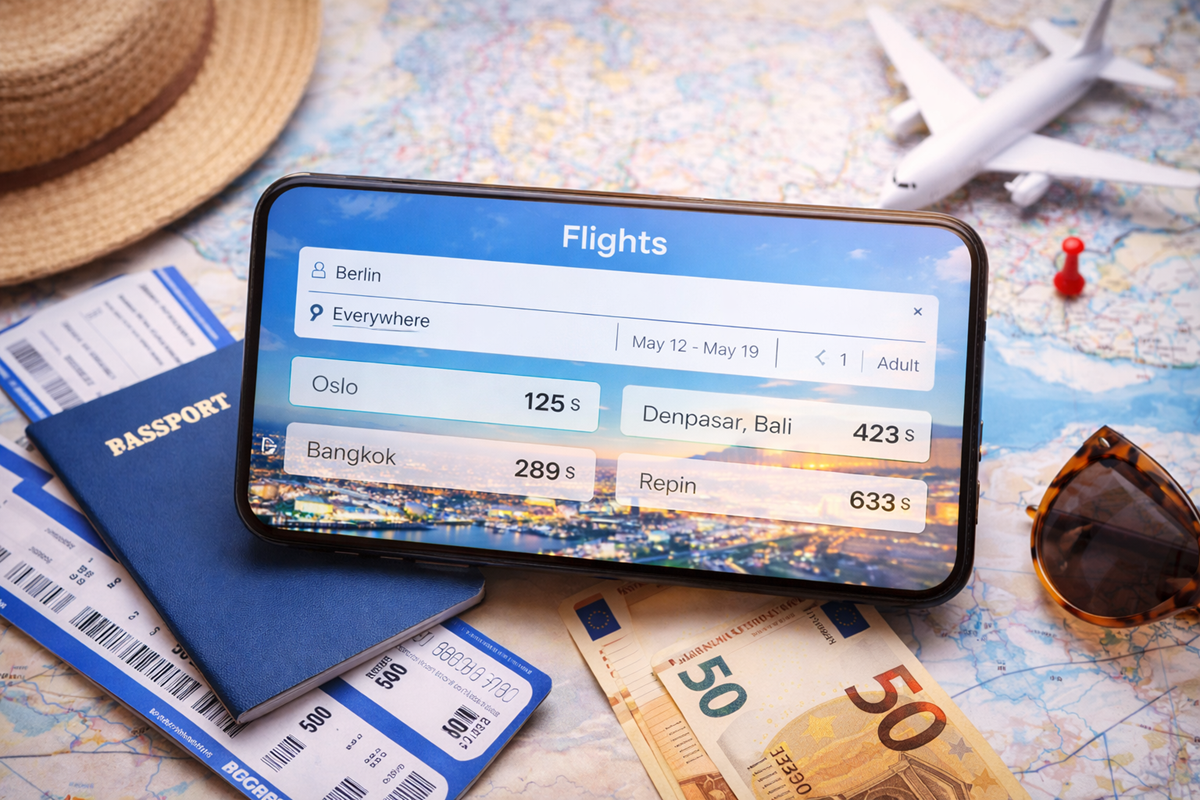 Smartfon z aplikacją do wyszukiwania tanich lotów na tle mapy i akcesoriów podróżnych