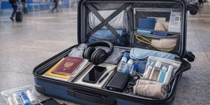 Otwarta walizka kabinowa z rzeczami do bagażu podręcznego na lotnisku