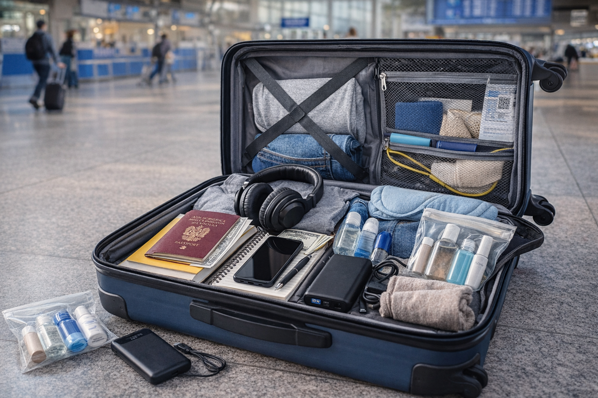Otwarta walizka kabinowa z rzeczami do bagażu podręcznego na lotnisku
