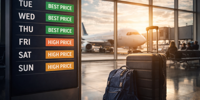 Walizka i plecak w hali odlotów z samolotem za oknem lotniska