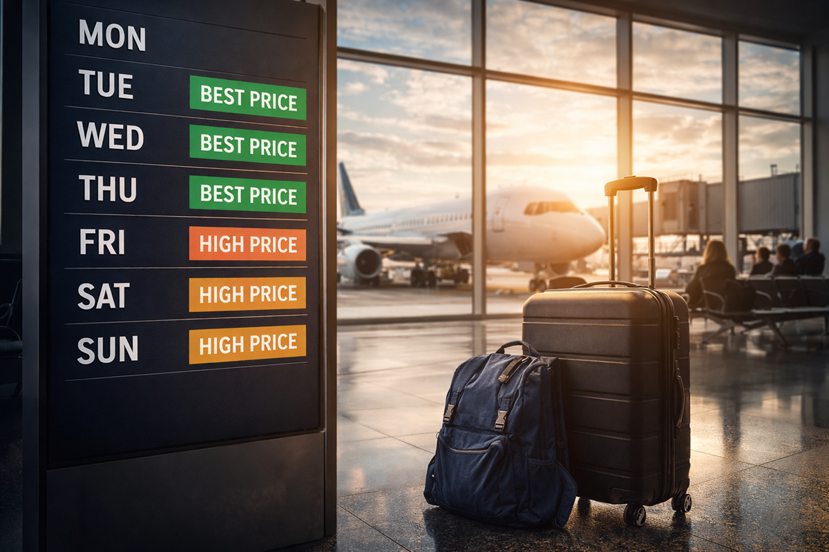 Walizka i plecak w hali odlotów z samolotem za oknem lotniska