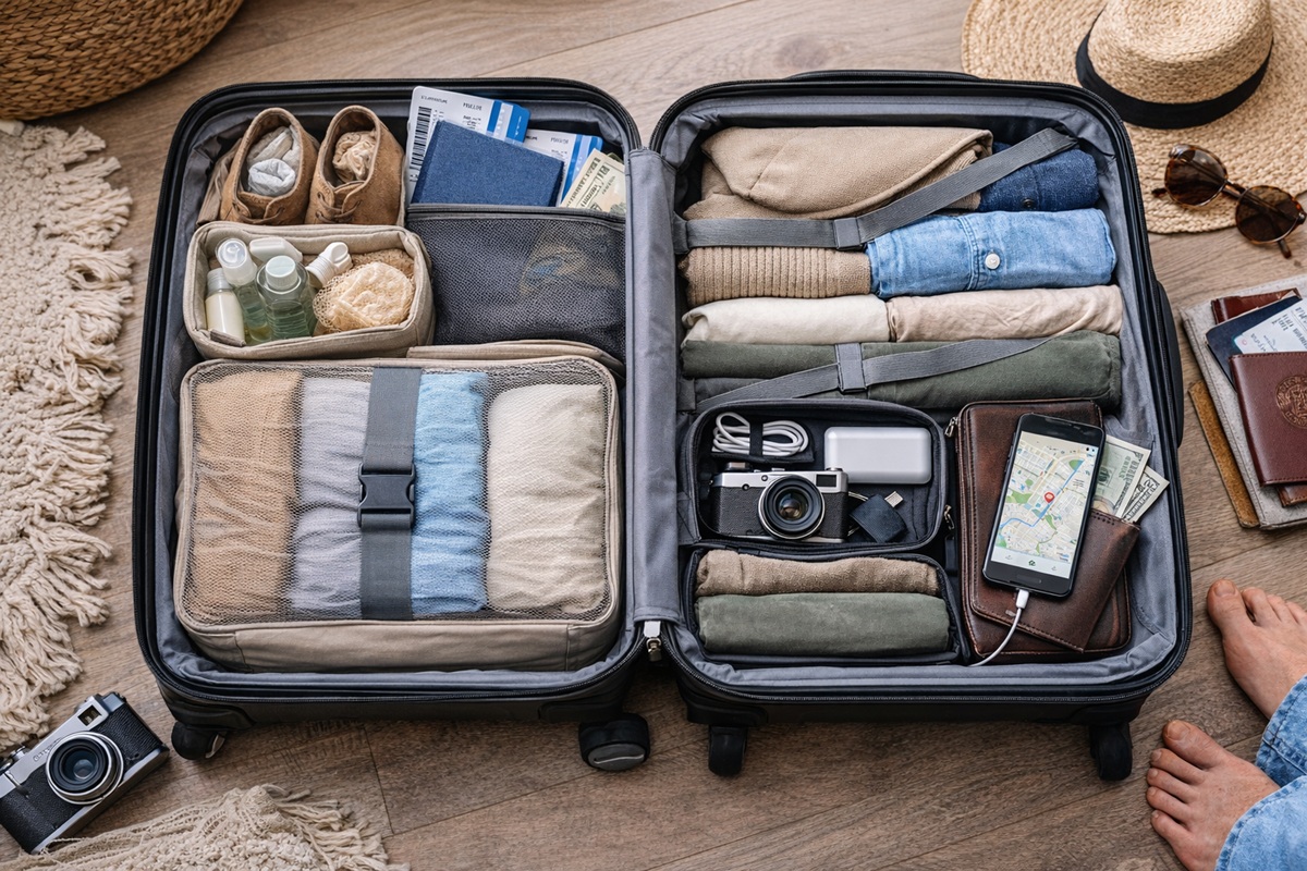 Idealnie spakowana walizka z uporządkowanymi ubraniami i akcesoriami podróżnymi