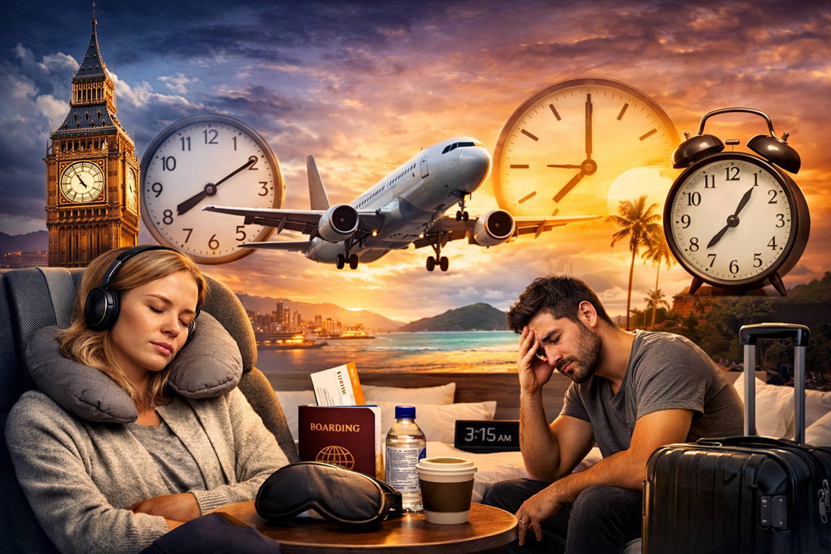 zmęczony podróżnik po locie siedzący przy oknie hotelowym o świcie, skutki jet lagu po zmianie strefy czasowej