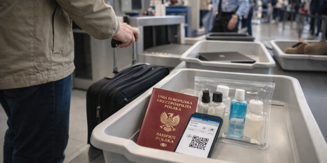 Kontrola bezpieczeństwa na lotnisku z bagażem podręcznym i dokumentami