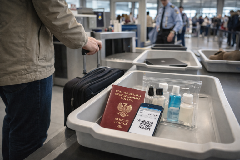 Kontrola bezpieczeństwa na lotnisku z bagażem podręcznym i dokumentami