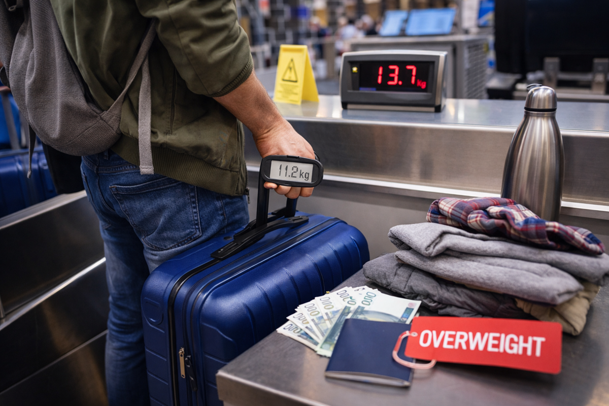 Podróżny waży walizkę na lotnisku, aby sprawdzić limit bagażu przed odprawą