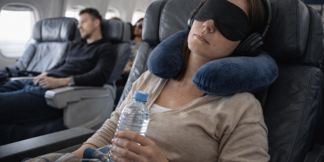 Pasażerka odpoczywająca podczas długiego lotu z poduszką podróżną i maską na oczy