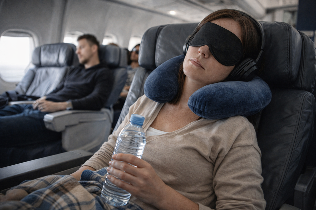 Pasażerka odpoczywająca podczas długiego lotu z poduszką podróżną i maską na oczy