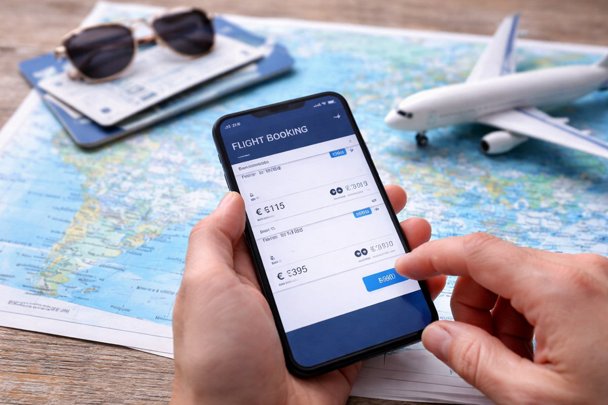 Osoba sprawdzająca ceny biletów lotniczych na smartfonie na tle mapy świata i modelu samolotu