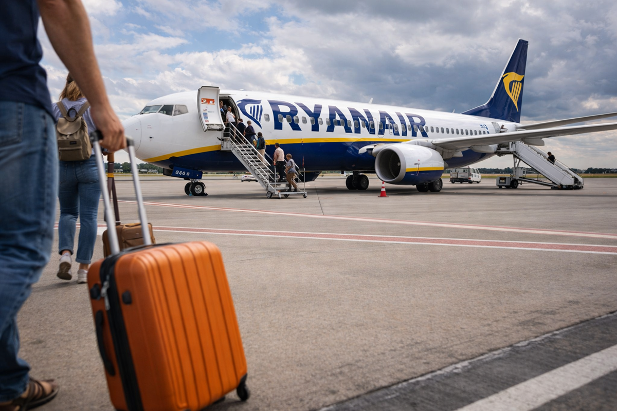 Pasażerowie wchodzący na pokład samolotu tanich linii lotniczych