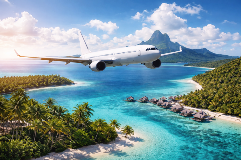 Samolot pasażerski lecący nad turkusową tropikalną wyspą z palmami i białą plażą widzianą z lotu ptaka