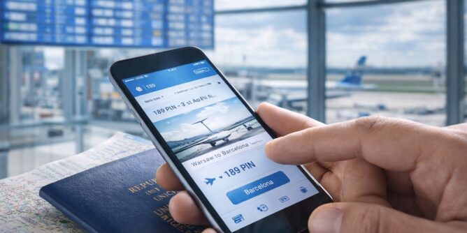 Osoba wyszukująca tanie loty na smartfonie na lotnisku, w tle samolot i tablica odlotów