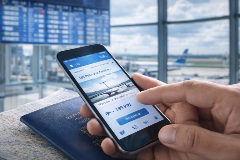 Osoba wyszukująca tanie loty na smartfonie na lotnisku, w tle samolot i tablica odlotów