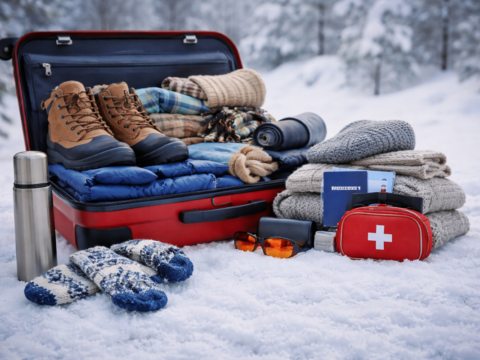 Walizka z rzeczami na zimowy wyjazd ustawiona na śniegu z akcesoriami podróżnymi