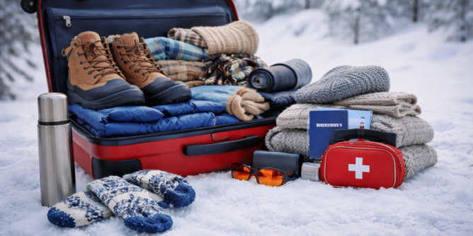 Walizka z rzeczami na zimowy wyjazd ustawiona na śniegu z akcesoriami podróżnymi
