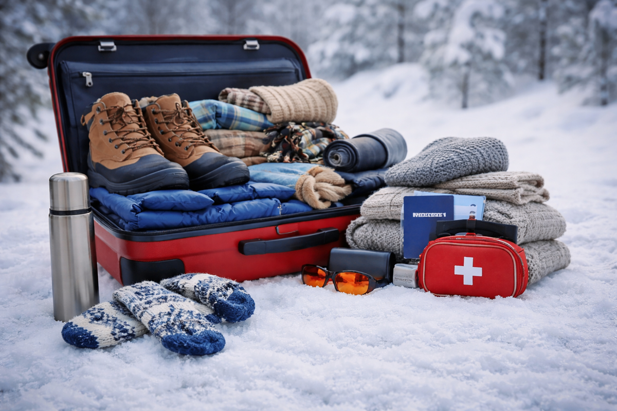 Walizka z rzeczami na zimowy wyjazd ustawiona na śniegu z akcesoriami podróżnymi