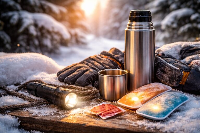 gadżety na zimową podróż – termos, latarka i ogrzewacze ułożone na śniegu podczas mroźnego dnia
