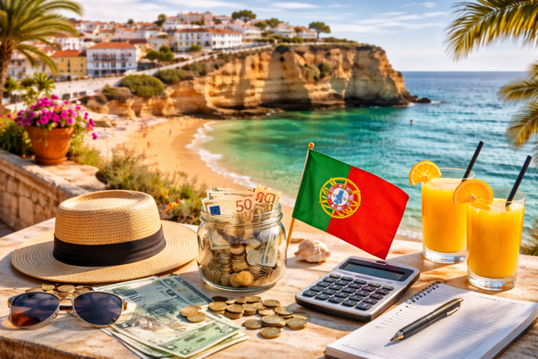 Widok na portugalskie wybrzeże z klifami i oceanem oraz przedmioty symbolizujące koszty życia — pieniądze, kalkulator i notatnik