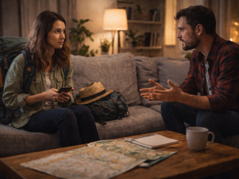 Podróżniczka siedząca na kanapie u gospodarza, rozmowa w mieszkaniu, symbol couchsurfingu i bezpieczeństwa w podróży