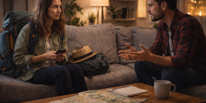 Podróżniczka siedząca na kanapie u gospodarza, rozmowa w mieszkaniu, symbol couchsurfingu i bezpieczeństwa w podróży