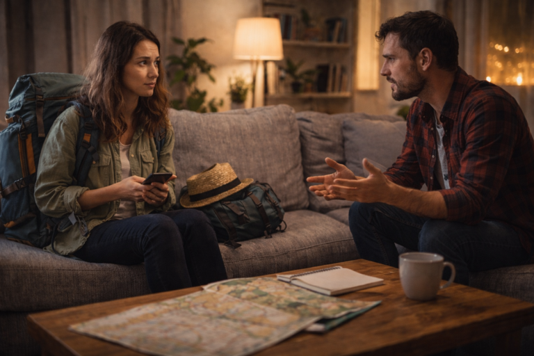 Podróżniczka siedząca na kanapie u gospodarza, rozmowa w mieszkaniu, symbol couchsurfingu i bezpieczeństwa w podróży