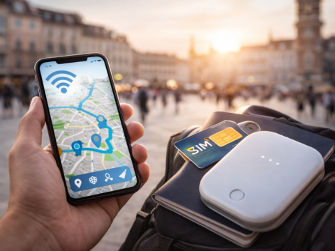 Korzystanie ze smartfona z mapą i internetem podczas podróży za granicą