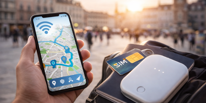 Korzystanie ze smartfona z mapą i internetem podczas podróży za granicą