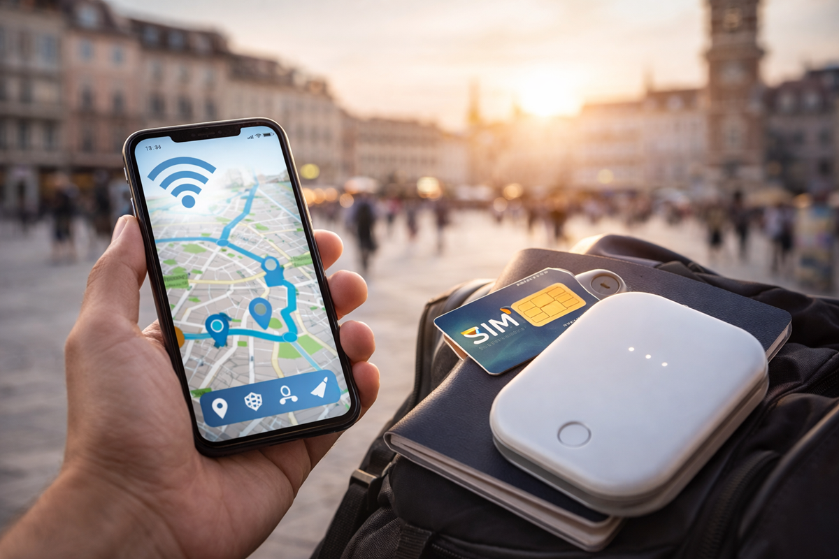 Korzystanie ze smartfona z mapą i internetem podczas podróży za granicą