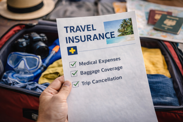 przygotowania do podróży pakowanie walizki i dokumenty ubezpieczeniowe