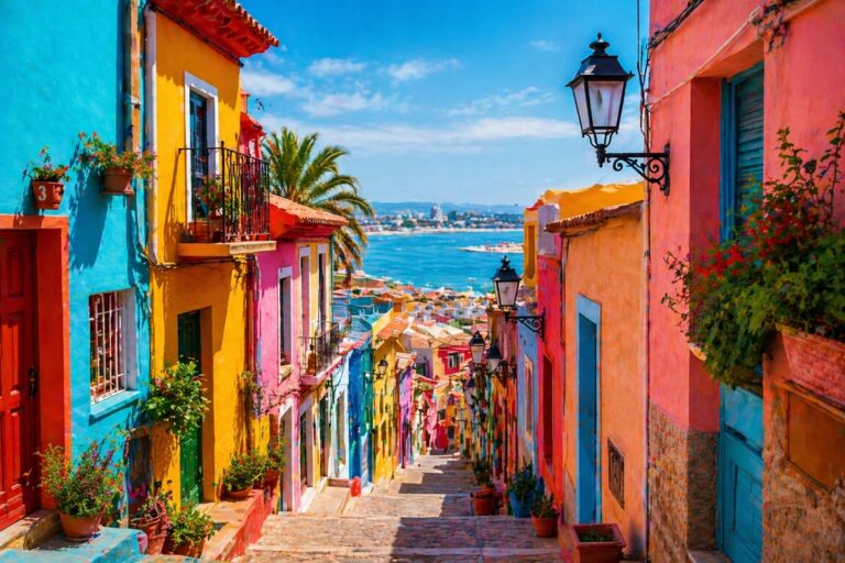 kolorowa uliczka miasta z intensywnie pomalowanymi budynkami i widokiem na morze