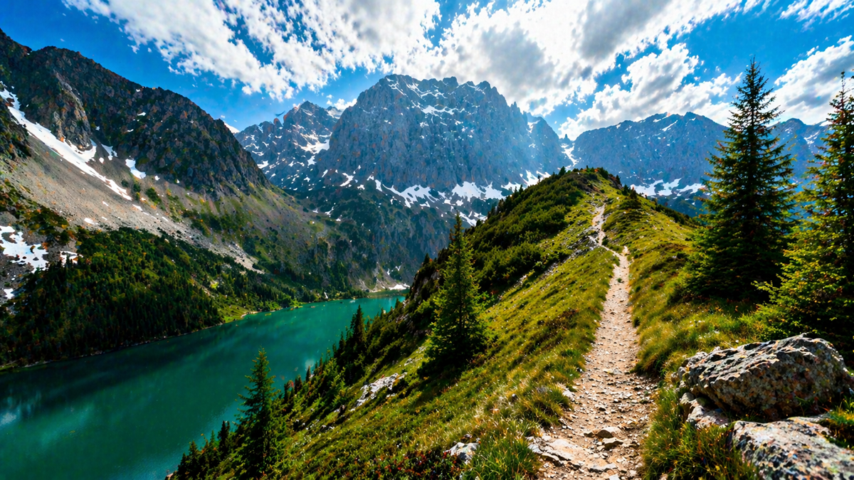 górski szlak jezioro i wysokie szczyty panorama Europa